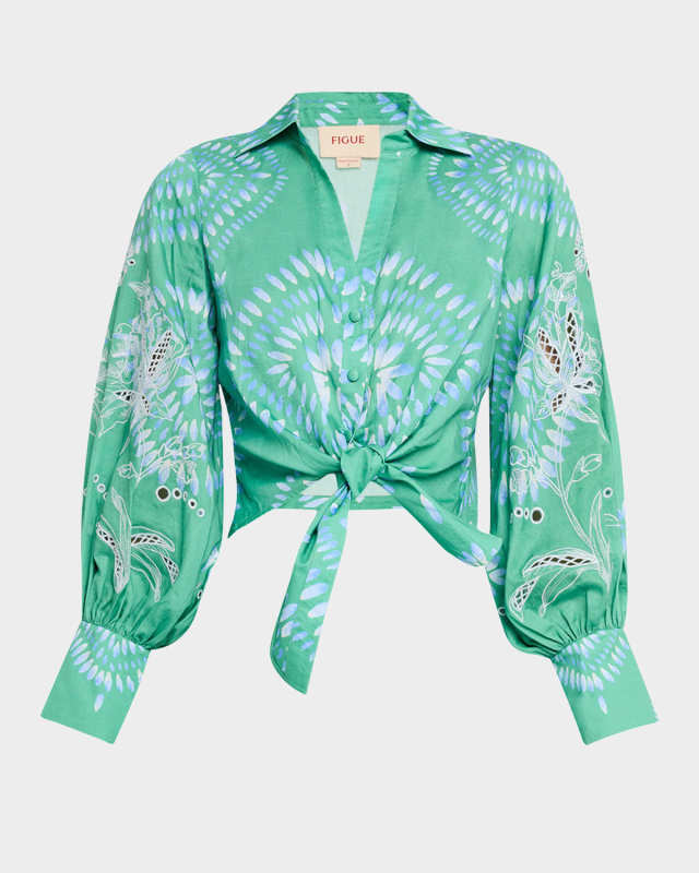 Carole Embroidered Knotted Crop Button-Down Top